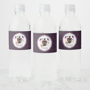 Spooky Cute Witch Black Cat Wizard 1st Birthday Water Bottle Label