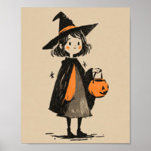 Spooky Cute Witch Girl Retro Halloween Nursery  Poster