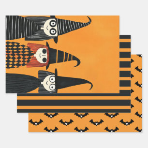 Spooky Cute Witches Burnt Orange& Black Halloween Wrapping Paper Sheet