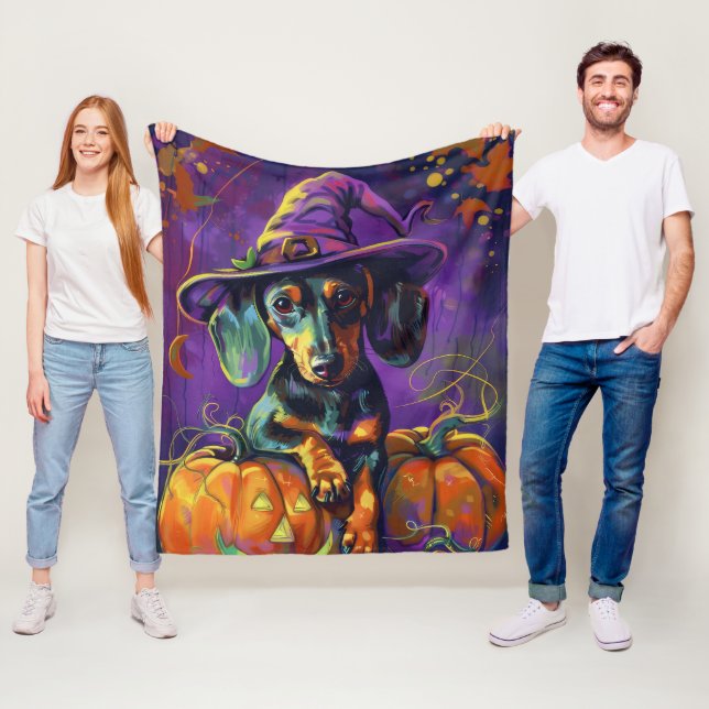 Spooky Dachshund Dog Halloween Witch And Pumpkin  Fleece Blanket (In Situ)