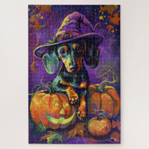 Spooky Dachshund Dog Halloween Witch And Pumpkin  Jigsaw Puzzle