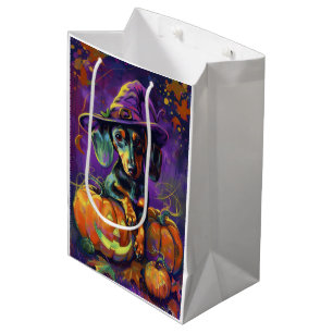 Spooky Dachshund Dog Halloween Witch And Pumpkin Medium Gift Bag