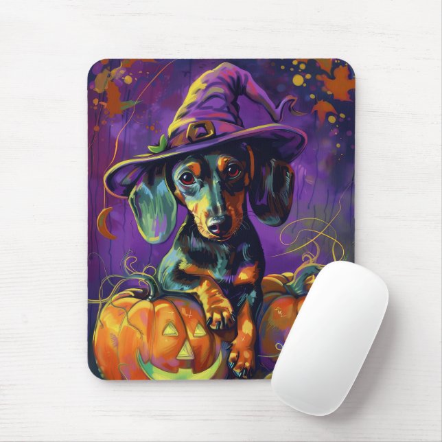 Spooky Dachshund Dog Halloween Witch And Pumpkin  Mouse Mat (With Mouse)