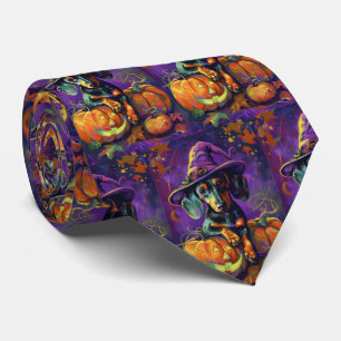 Spooky Dachshund Dog Halloween Witch And Pumpkin  Tie