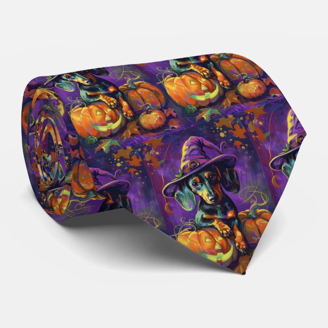 Spooky Dachshund Dog Halloween Witch And Pumpkin  Tie (Rolled)