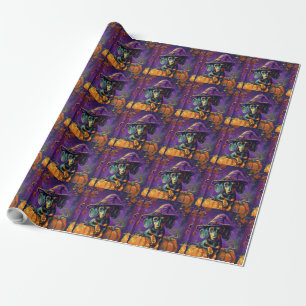 Spooky Dachshund Dog Halloween Witch And Pumpkin Wrapping Paper