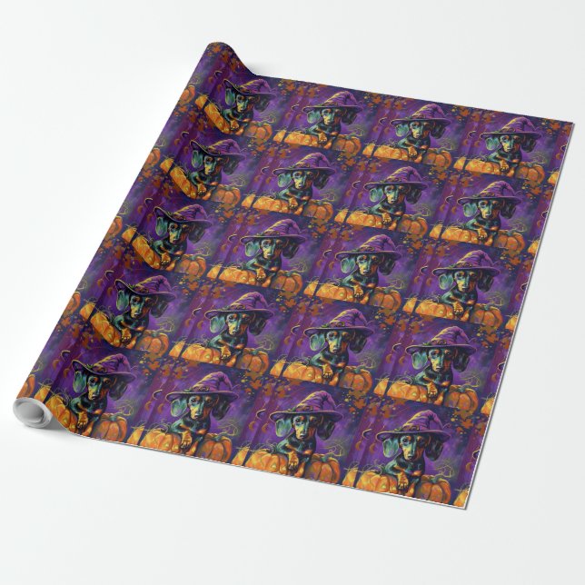 Spooky Dachshund Dog Halloween Witch And Pumpkin  Wrapping Paper (Unrolled)