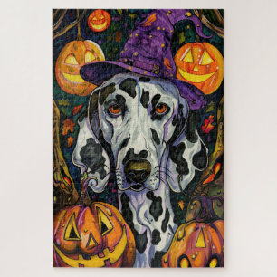 Spooky Dalmatian Dog Halloween Witch And Pumpkin Jigsaw Puzzle