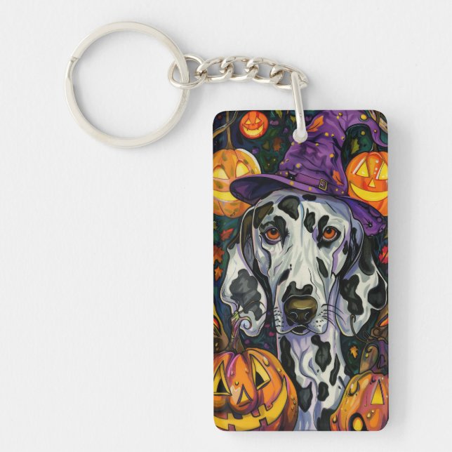 Spooky Dalmatian Dog Halloween Witch And Pumpkin Key Ring (Front)