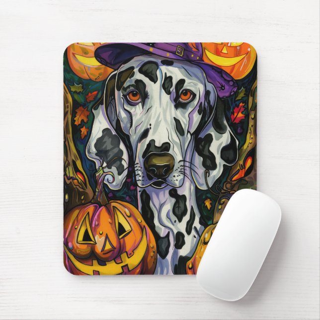 Spooky Dalmatian Dog Halloween Witch And Pumpkin Mouse Mat (With Mouse)