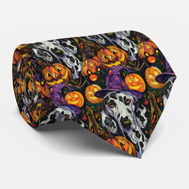 Spooky Dalmatian Dog Halloween Witch And Pumpkin Tie (Rolled)