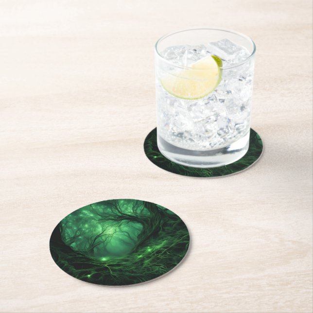 Spooky Dark Green Forest Round Paper Coaster (Insitu)