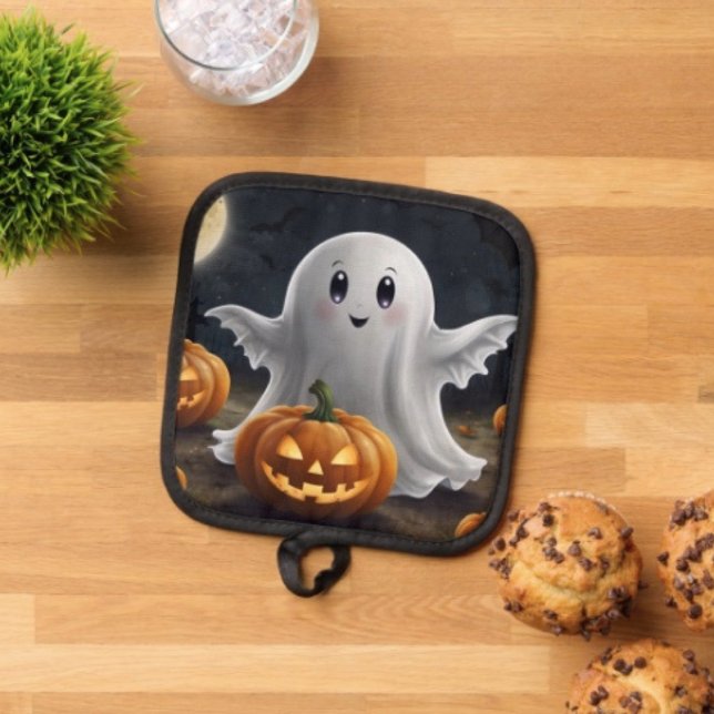 Spooky Delight: Ghostly Halloween Fun Pot Holder (Pot Holder Full rubber protection cover no slip silicon hanging loop. )