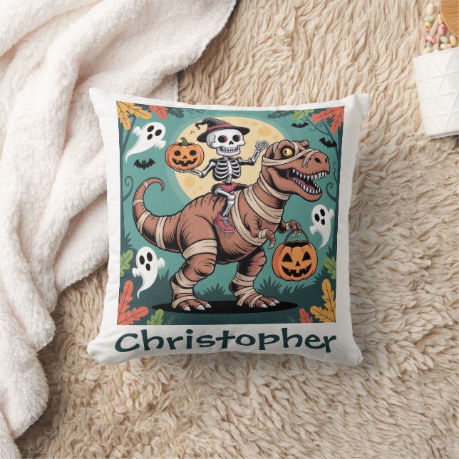 Spooky Dino Rider – Skeleton on Mummy T-Rex  Cushion (Blanket)