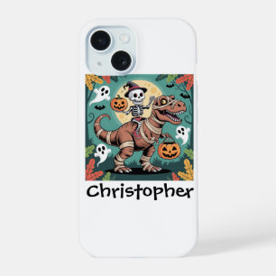 Spooky Dino Rider – Skeleton on Mummy T-Rex iPhone 15 Case