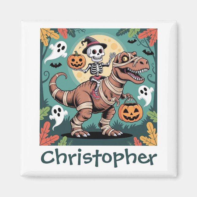 Spooky Dino Rider – Skeleton on Mummy T-Rex  Magnet (Front)