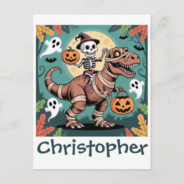 Spooky Dino Rider – Skeleton on Mummy T-Rex  Postcard (Front)