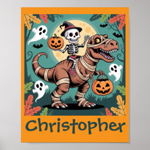 Spooky Dino Rider – Skeleton on Mummy T-Rex Poster