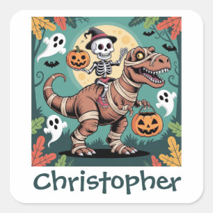 Spooky Dino Rider – Skeleton on Mummy T-Rex  Square Sticker