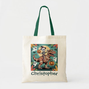 Spooky Dino Rider – Skeleton on Mummy T-Rex Tote Bag
