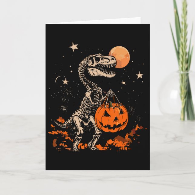Spooky Dinosaur Skeleton Scary Pumpkin Moon Hallow Card (Front)