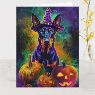 Spooky Doberman Dog Halloween Witch And Pumpkin Card