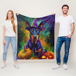 Spooky Doberman Dog Halloween Witch And Pumpkin  Fleece Blanket