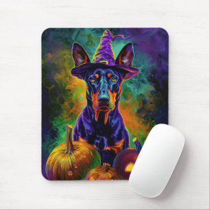 Spooky Doberman Dog Halloween Witch And Pumpkin Mouse Mat