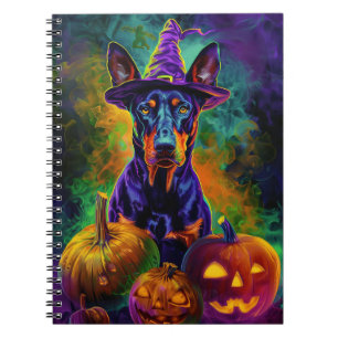 Spooky Doberman Dog Halloween Witch And Pumpkin Notebook