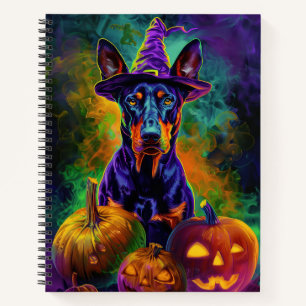 Spooky Doberman Dog Halloween Witch And Pumpkin Notebook
