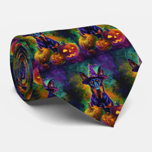 Spooky Doberman Dog Halloween Witch And Pumpkin  Tie