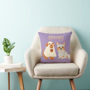Spooky Dog Ghost and Mummy Light Purple Halloween Cushion