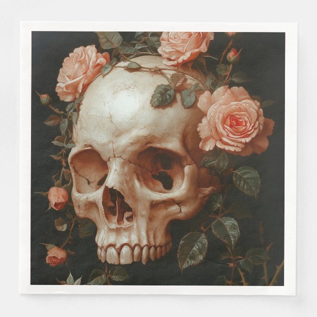 Spooky Elegance: Gothic Skull and Roses Napkin (Front)