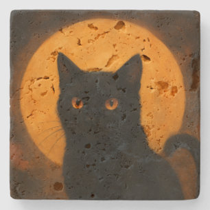 Spooky Elegance Halloween Black Cat Harvest Moon Stone Coaster