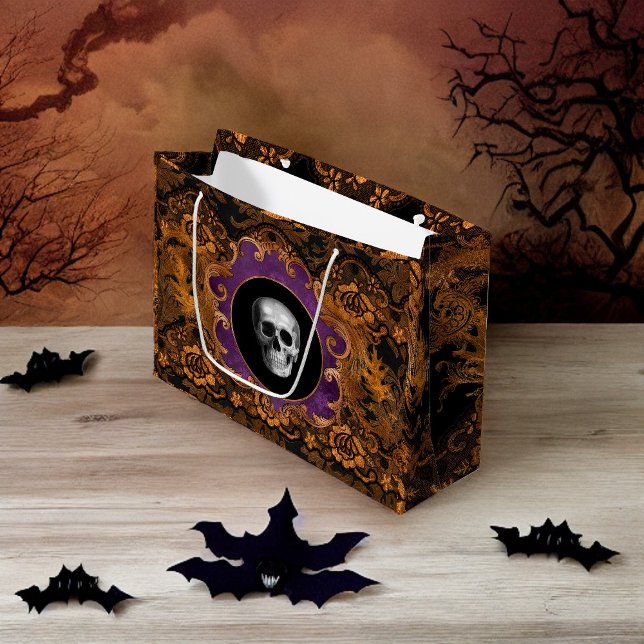 Spooky Elegant Orange Hallloween Skull on Damask Large Gift Bag (Creator Uploaded)