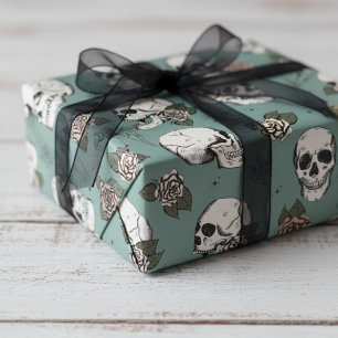 Spooky Eucalyptus Green Small Skull Halloween Wrapping Paper