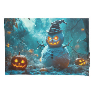 Spooky Evil Snowman with Pumpkins Pillowcase
