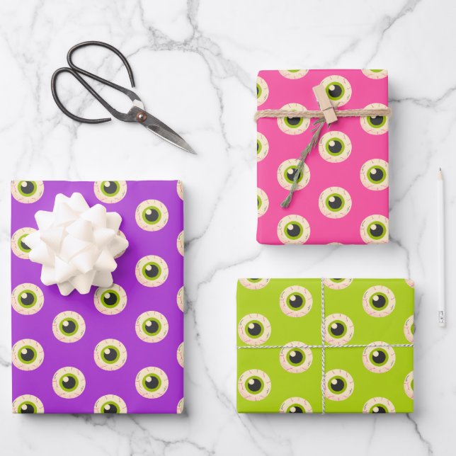 Spooky Eyeball Pattern Pink Purple Green Halloween Wrapping Paper Sheet (Front)