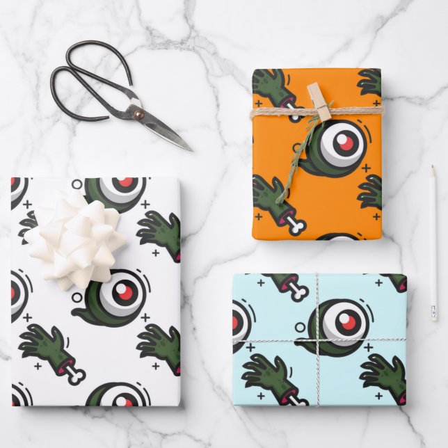 Spooky Eyeballs Zombie Hands Bones Halloween Gift Wrapping Paper Sheet (Front)