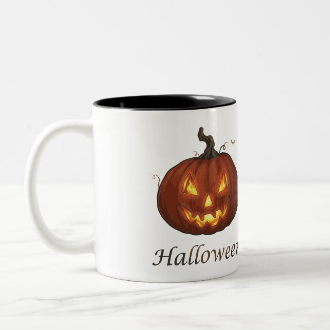 Spooky Fiery Jack-o'-Lantern Halloween Pumpkin Two-Tone Coffee Mug (Left)