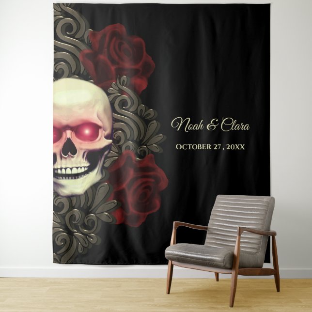 Spooky floral dark moody gothic skull Hallowedding Tapestry (In Situ)