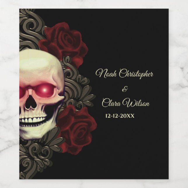Spooky floral dark moody gothic skull hallowedding wine label (Single Label)