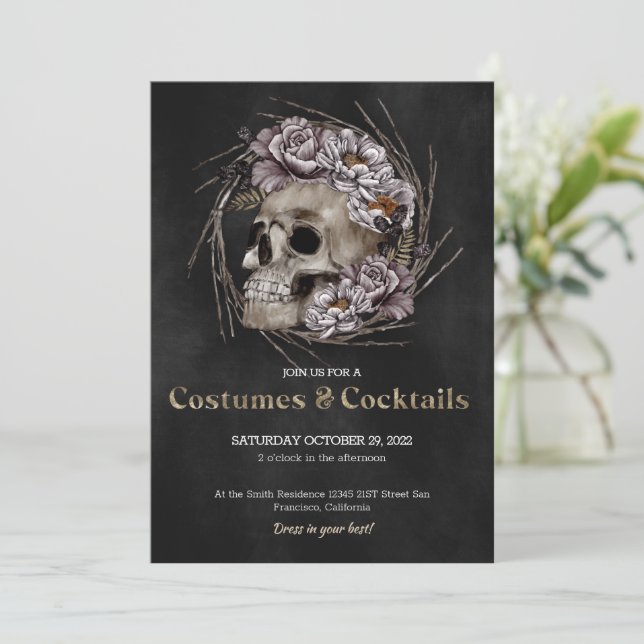 Spooky Floral Skull Halloween Party Invitation (Standing Front)