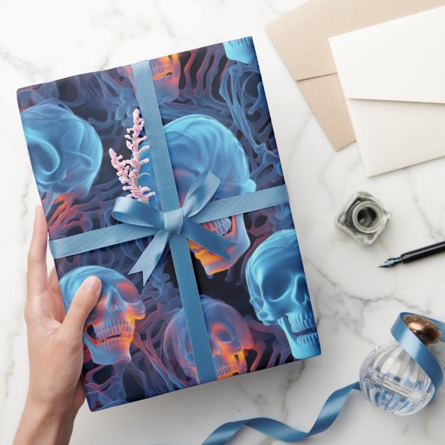Spooky Florescent Blue Skulls Halloween   Wrapping Paper (Gifting)
