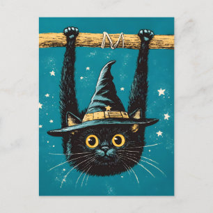 Spooky Flying Black Cat Witch Announcement Postcard