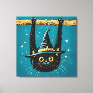 Spooky Flying Black Cat Witch Canvas Print