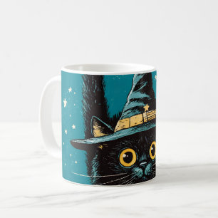 Spooky Flying Black Cat Witch Coffee Mug
