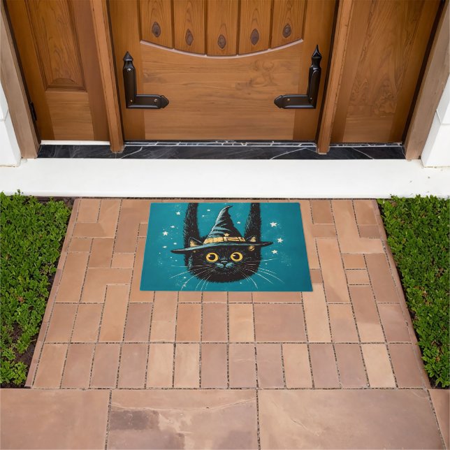 Spooky Flying Black Cat Witch Doormat (Outdoor)
