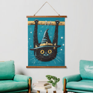 Spooky Flying Black Cat Witch Hanging Tapestry
