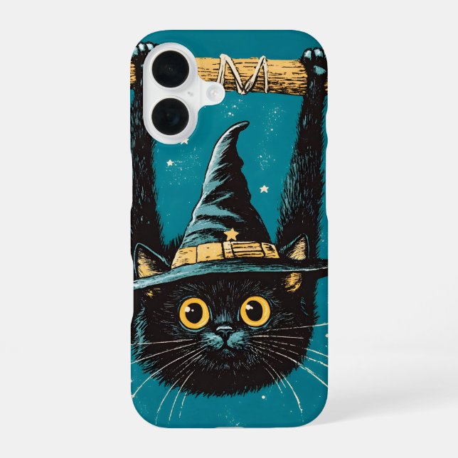 Spooky Flying Black Cat Witch iPhone 16 Case (Back)